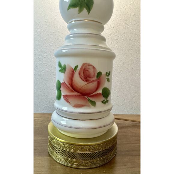 Vintage Floral Porcelain Table Lamp Hand Painted Roses Brass Base Works - Picture 2 of 8